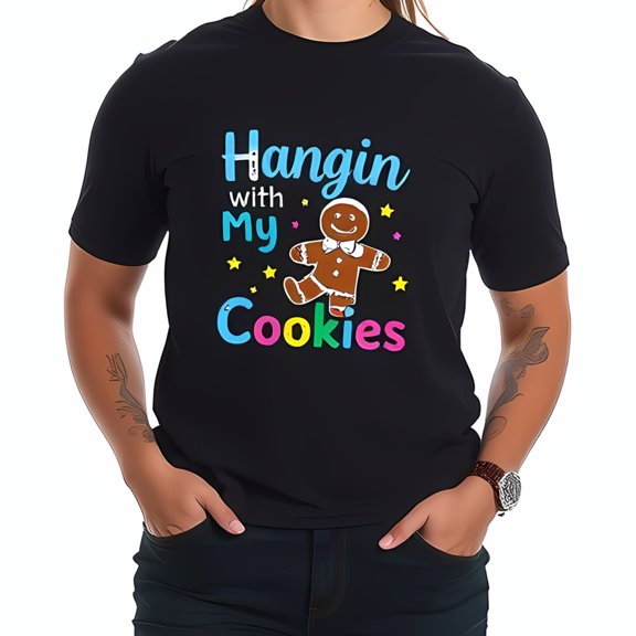 Whimsical Gingerbread Man Short Sleeve Cotton T-Shirt - " Hangin' with My Cookies " Festive Design