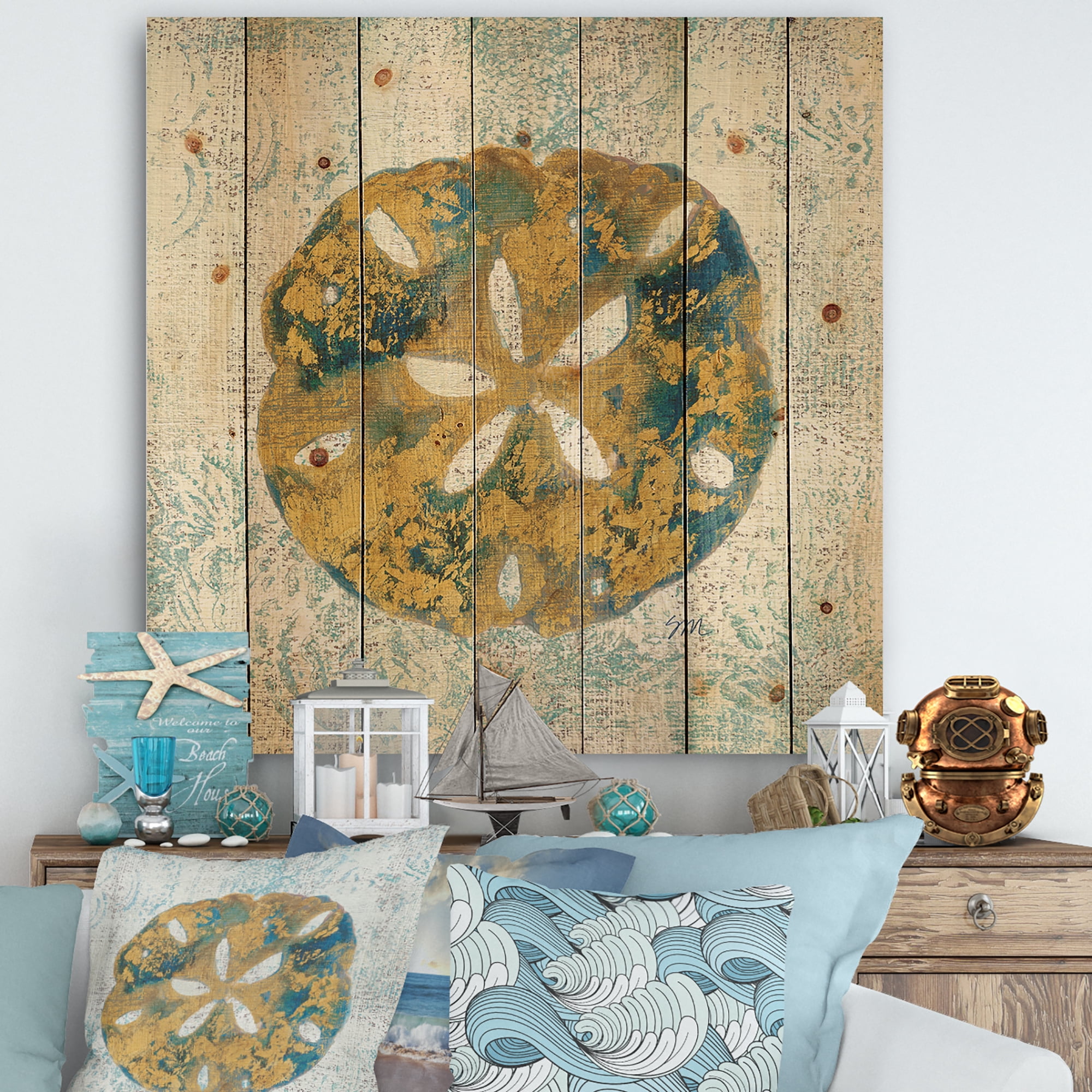 Designart 'Coastal Pastel seashells II' Vintage Nautical Print on Natural Pine Wood