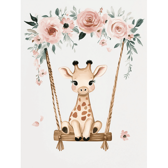 Cute Giraffe on Swing Floral Wall Art/Canvas Print， Perfect for Nursery Decor， Bedroom Decoration， Living Room Accent， Kids Room Art， and Girls Room Decor.