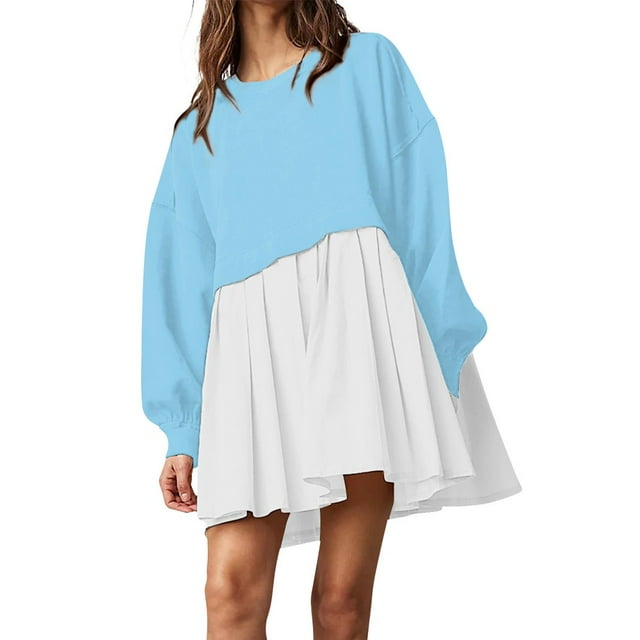 Robe Chandail Surdimensionnée pour Femmes Longue et Fluide à Empiècements, Chandail à Enfiler Mignon à Épaules Tombantes, Chandails d'Automne à Manches Longues, Mini-Robe, Adolescentes, Col Ras du Cou, Tunique Unie Plissée, Vêtements Amples Beig