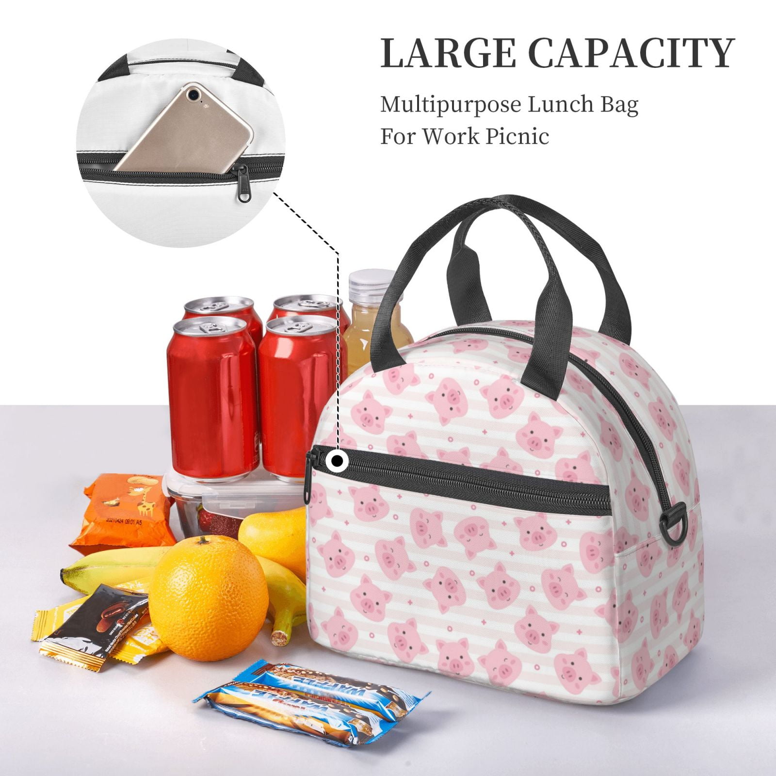 Xecao Cartoon Pig Print Insulated Lunch Box, Lunch Cags Lunch Bag Featuring An Adjustable Shoulder Strap