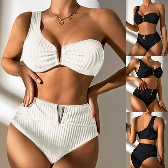 UTSJKR Women's Ribbed Bikini Sets Ruched V Neck High Waist One Shoulder Top with High Waist Two Piece Bathing Suit Black M