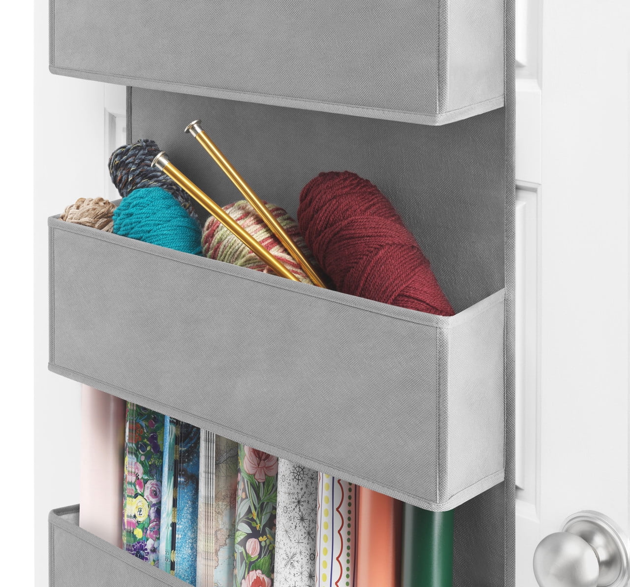 Whitmor 4-Tier Over The Door Hanging Organizer with Gray Fabric Storage Pockets
