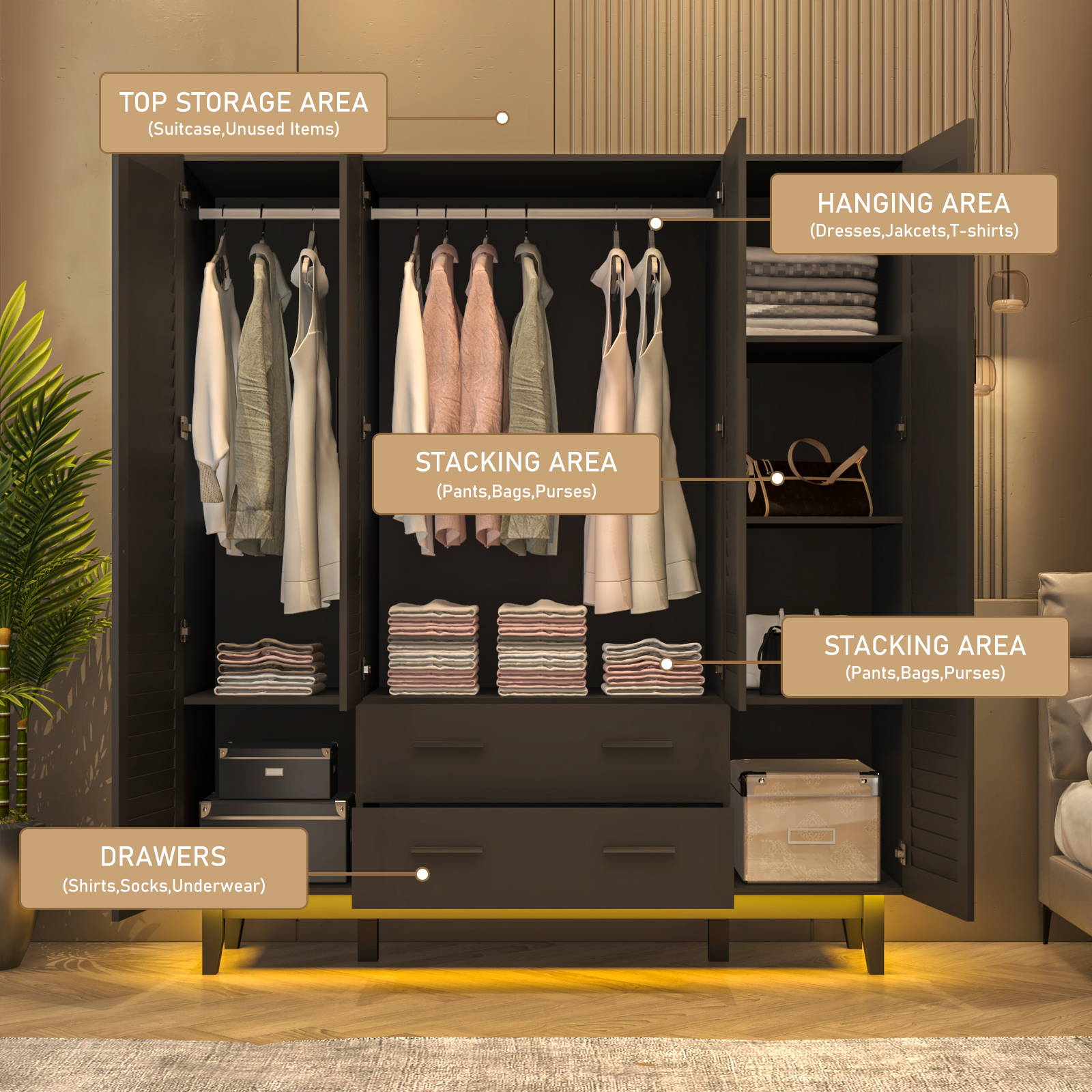 Blotout 70" Armoire Wardrobe Closet with Mirror & LED Lights, 4 Door Wardrobe Armoire with 2 Large Drawers, LED Wood Armoire Storage with Hanging Rods and Multi-Layer Shelves(Black)