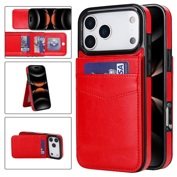 Feishell Fit for iPhone 17 Pro Phone Case with ID Credit Card Slots,Shockproof Premium PU Leather Magnetic Buckle Vertical & Horizontal Kickstand Back Flip Wallet Protective Cover,Red