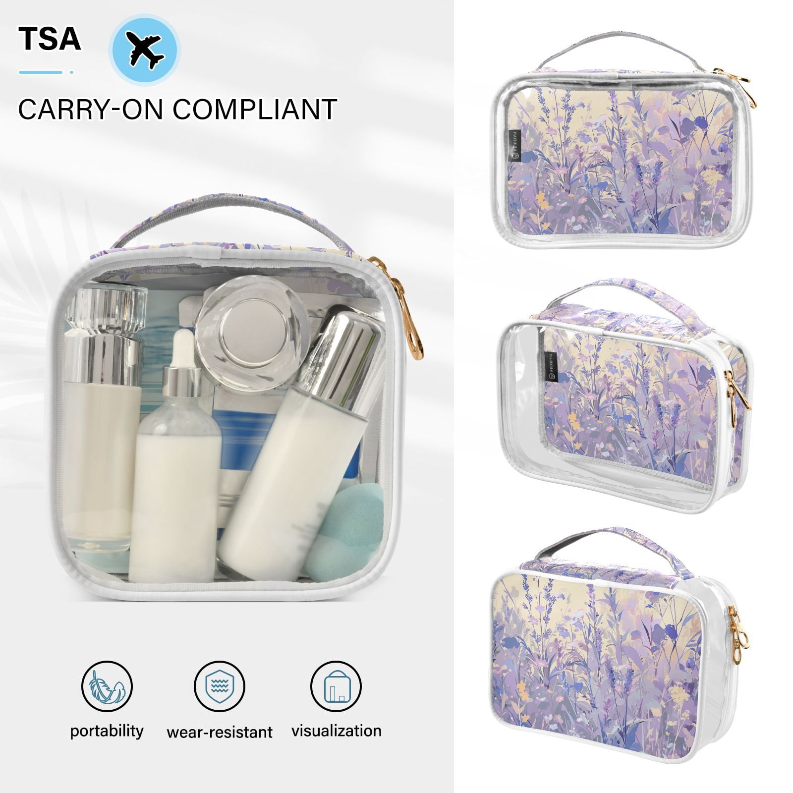 Clear Makeup Bags with Handle Large Opening 2 Pack Set Toiletry Bag Quart Size Bag, for Women Man Traveling Travel Essentials, Toiletries and Other. Lavender Grass