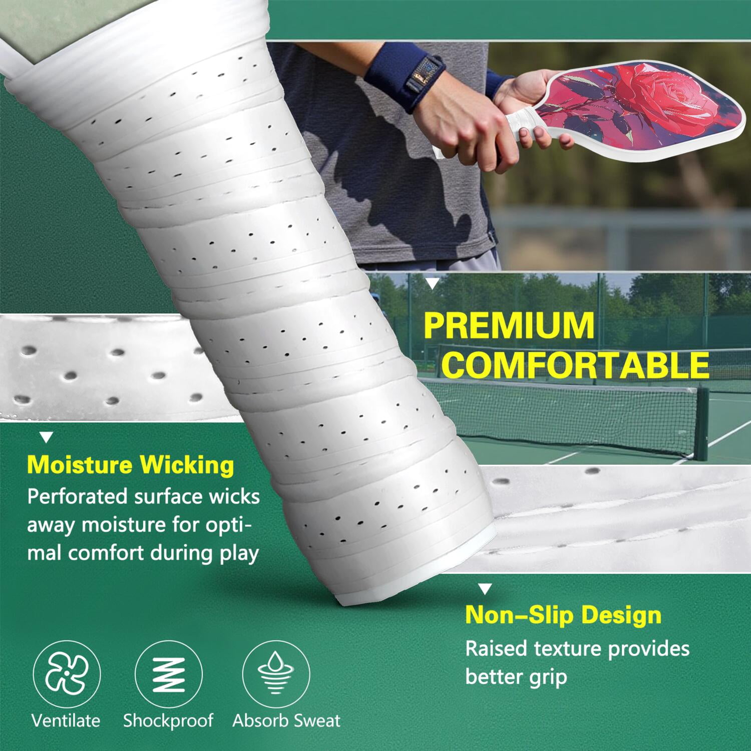 Pickleball Paddles Set Of 2, Fiberglass Surface, Rose, Floral Print, 4 Balls & Bag