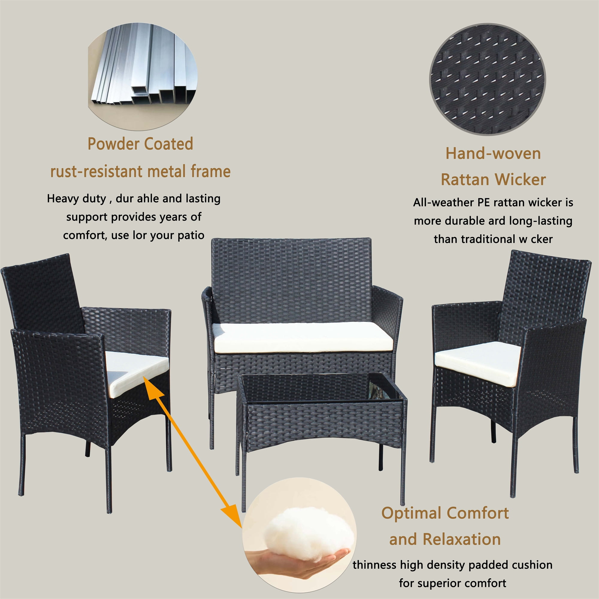 Aukfa 4 Pieces Patio Porch Furniture Sets PE Rattan Wicker Chairs Beige Cushion with Table for Outdoor Garden