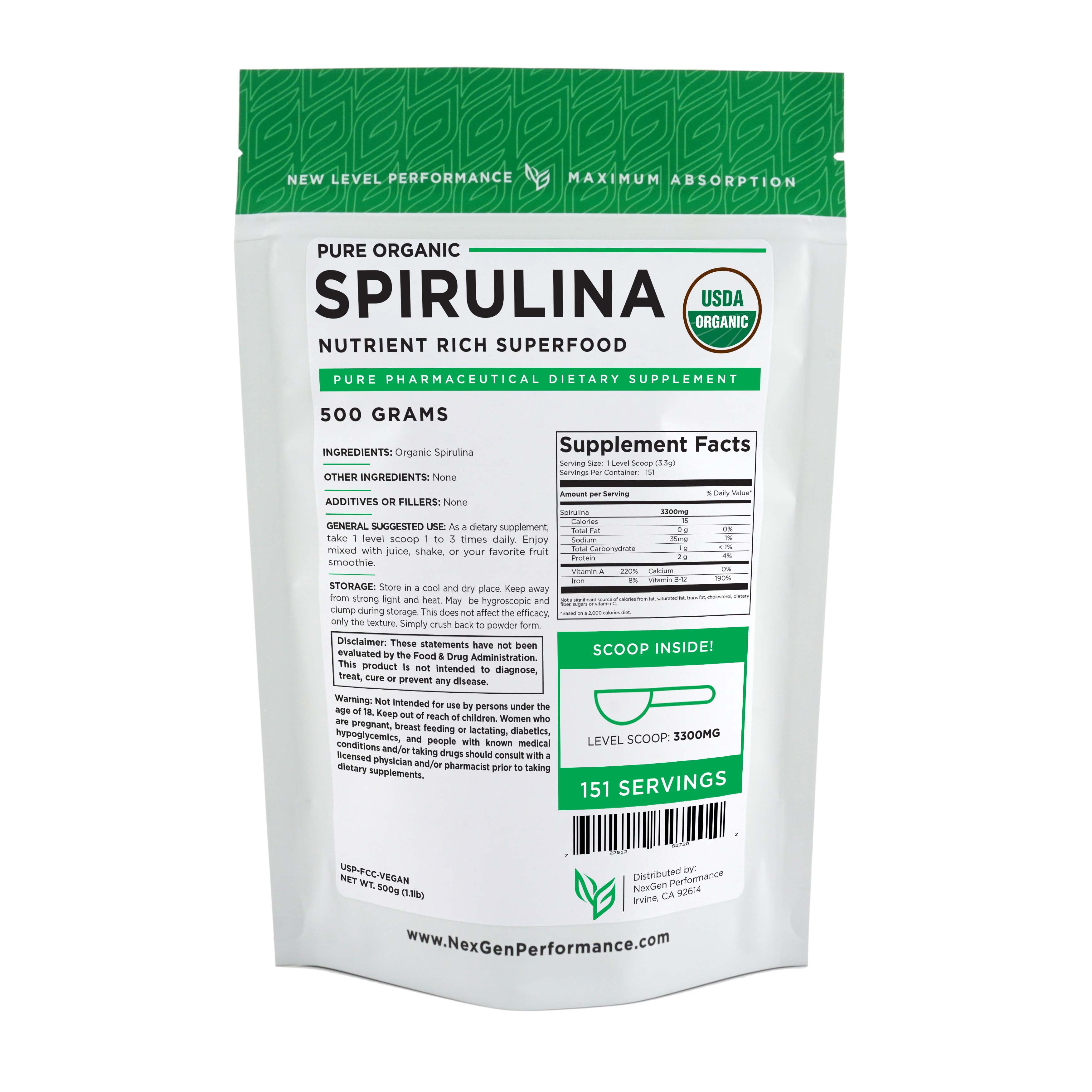 Spirulina USDA Powder 500g (1.1lb) Organic nonGMO Pure Energy