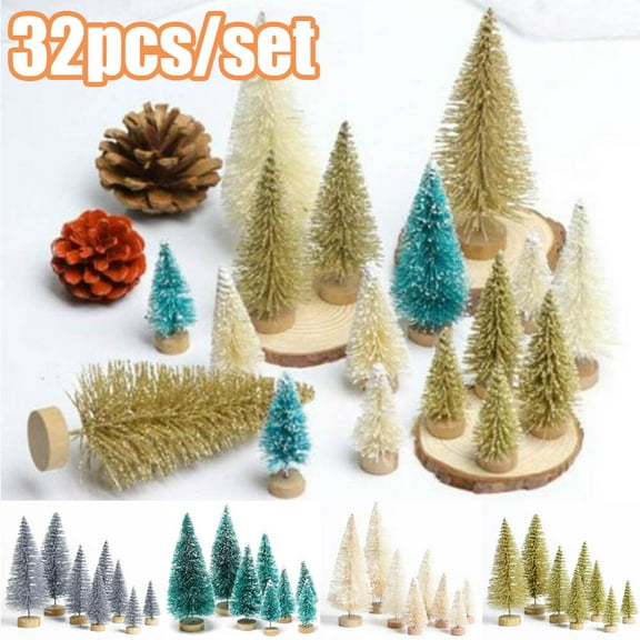 Cheers.US 32Pcs Mini Sisal Snow Frost Christmas Trees Bottle Brush Trees Plastic Winter Snow Ornaments Tabletop Trees for Xmas Party Home Party Diorama Models