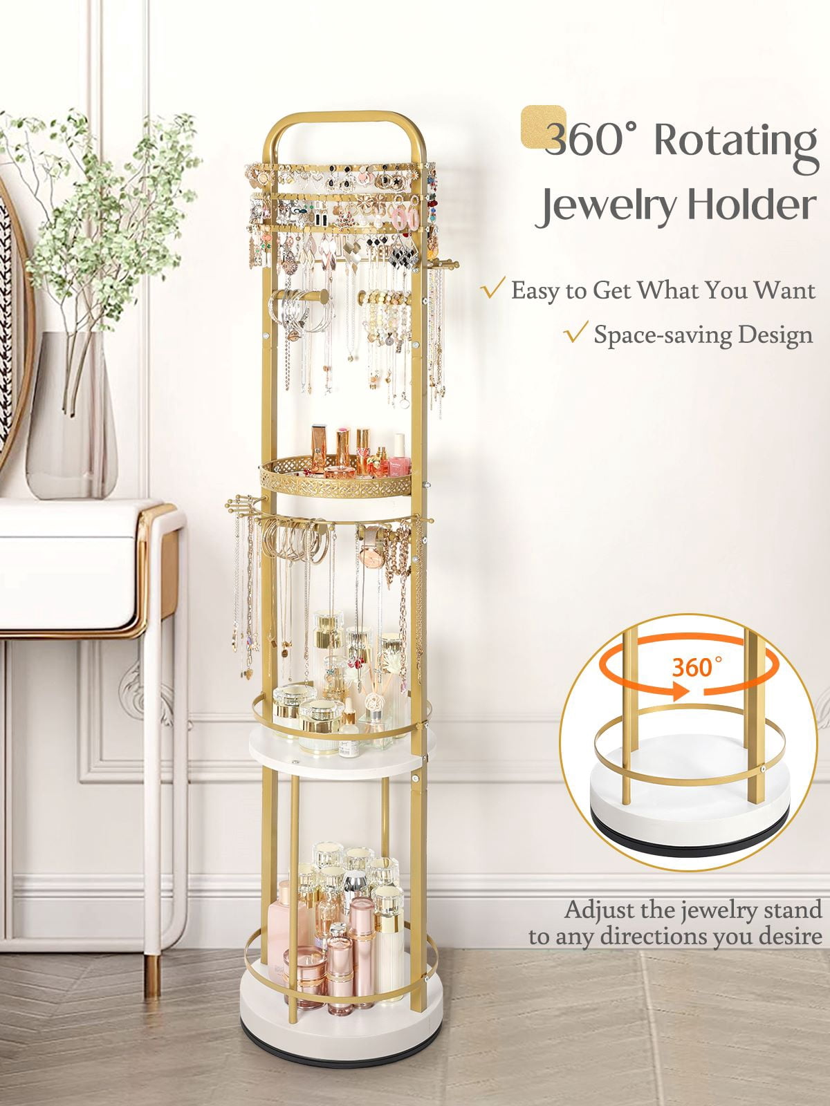 Olakee Rotating Large-Capacity Jewelry Organizer Stand for Earring, Necklace, Bracelet, Ring, Durable Metal & Wood, Girls & Women, Modern, White & Gold