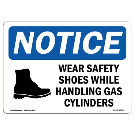 OSHA Notice Sign - Wear Safety Shoes While Handling Sign With Symbol | Choose from: Aluminum, Rigid Plastic or Vinyl Label Decal | Protect Your Business, Construction Site |  Made in the