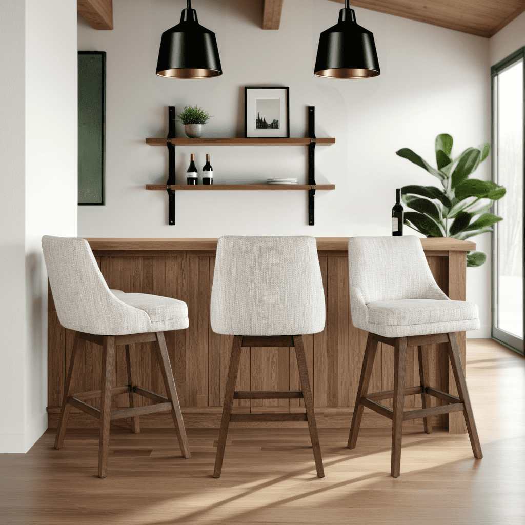 Armen Living Branson Brown Solid Wood Upholstered 30" Bar Height Swivel Barstool with Beige Fabric Seat