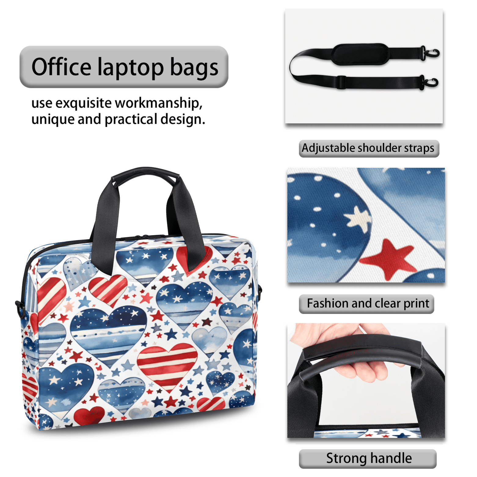 Herdesigns 4th Of July Heart Laptop Bag for Women Men, Computer Case Briefcase Messenger Bags, 15-15.6 inch Laptop Sleeve Shoulder Bag