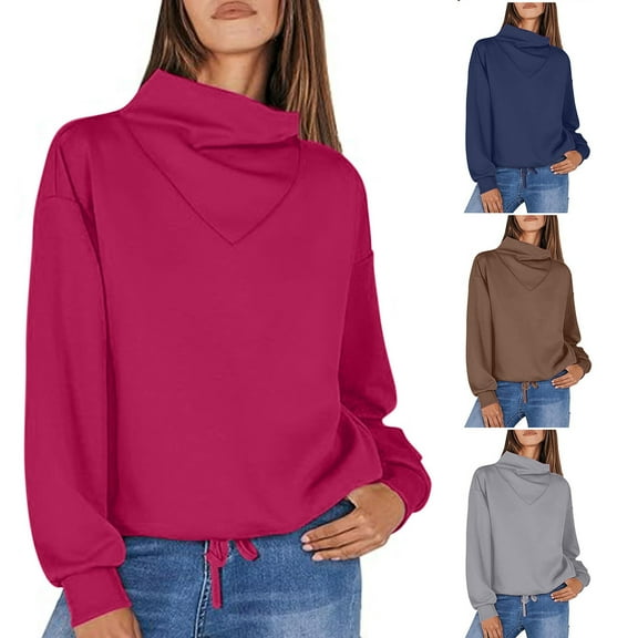 Pxxlle Womens Sweatshirts Trendy Cowl Neck Sweatshirt Fall Long Sleeve Sweatshirt Casual Solid Drop Shoulder Pullover Tops Coffee M