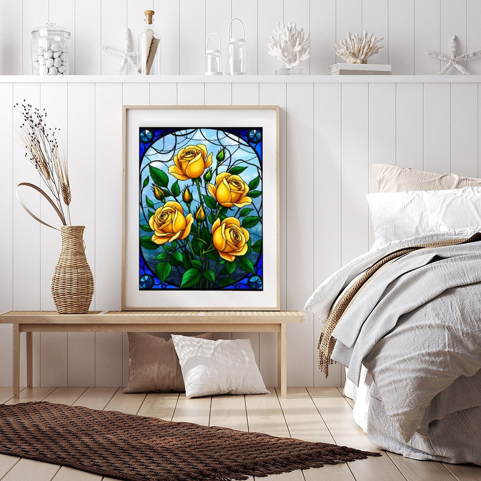 Diamond Art Kit for Adults, Yellow Roses Stained Glass Art Diamond Painting for Adults Beginners, DIY Diamond Art Painting Kits, 5D Diamond Painting Crafts for Home Decor 12x16 Frameless
