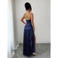 thumbnail image 2 of Womens Blue One Shoulder Satin Evening Gown Ruched Waist High Slit Maxi, 2 of 7