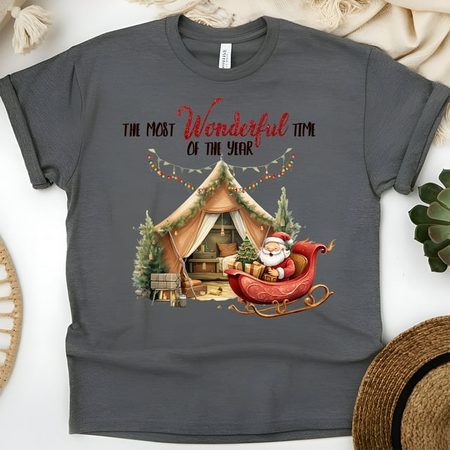The Most Wonderful Time Shirt | Santa Camping Tent Holiday Graphic Tee, Dark Heather, Size XL