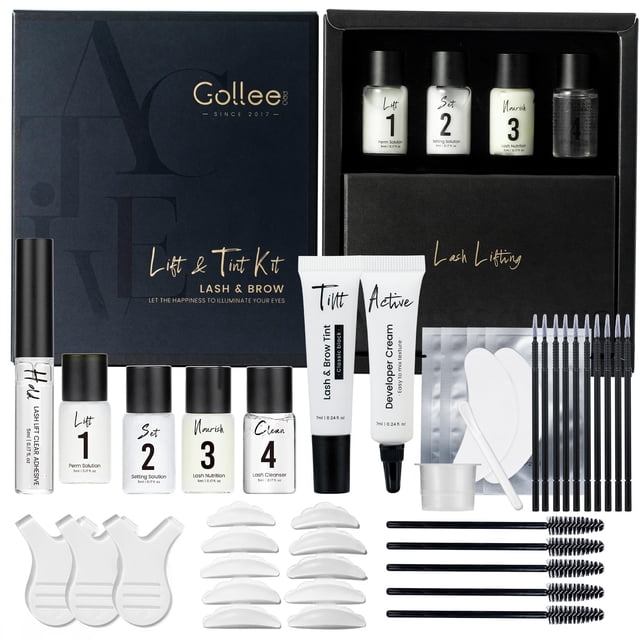 GOLLEE - Kit de levantamiento de pestañas y cejas 4 en 1, negro, Kit de permanente de pestañas y laminación de cejas con instrucciones detalladas y herramientas inclui