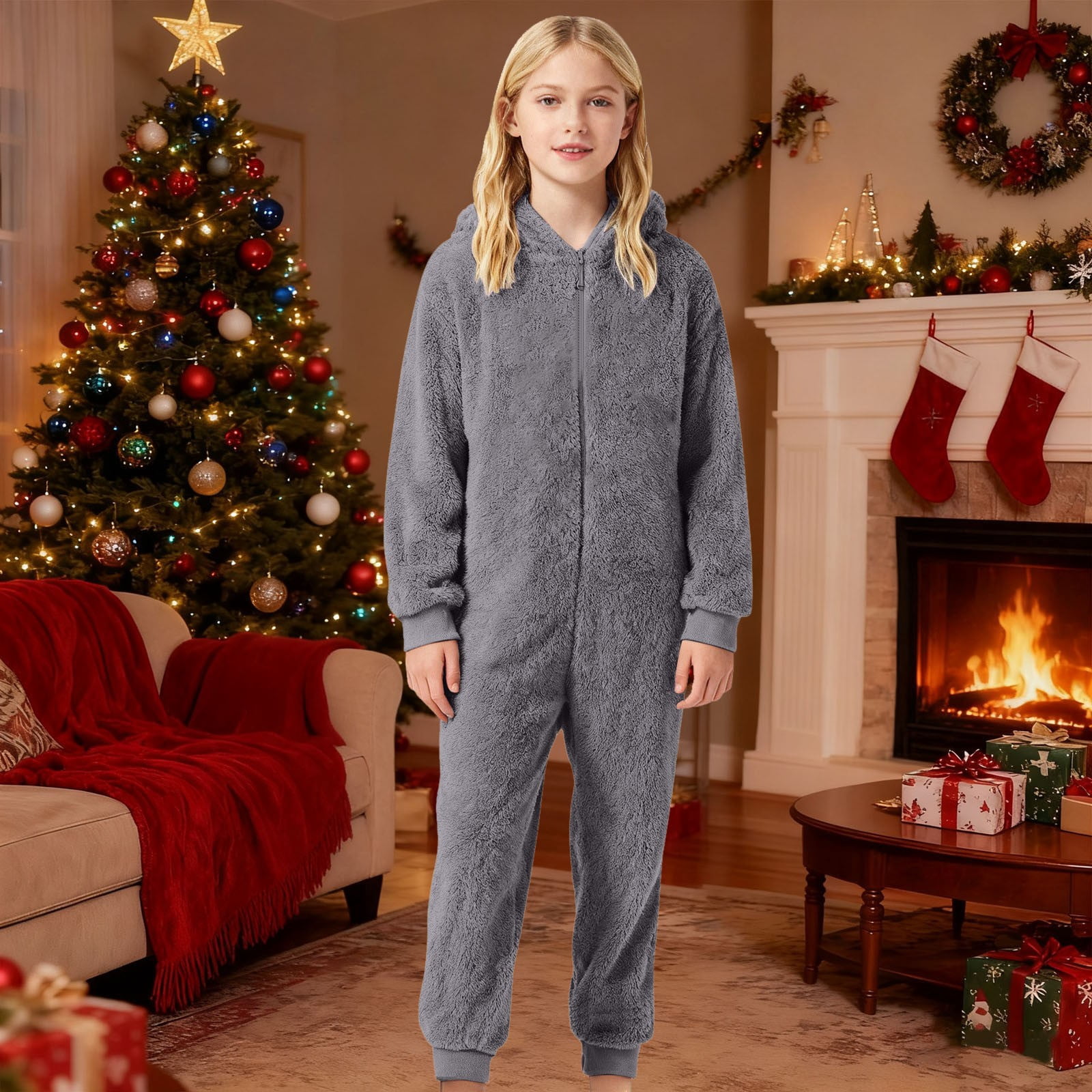 WOYY Onesies for Boys Girls Hooded Jumpsuit Winter Warm Romper One-Piece, Sizes 7-8