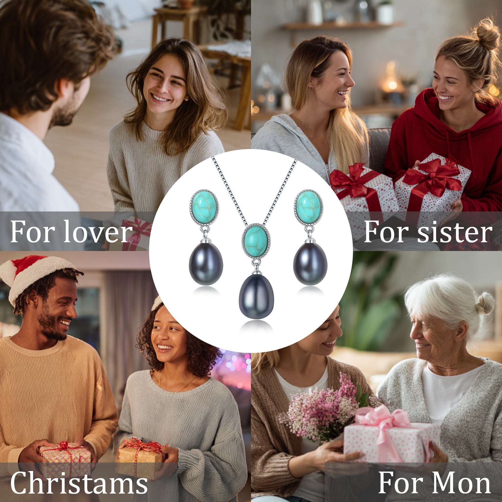 BAMIKI 9-10mm Black Pearl Necklace and 8-9mm Earrings Set 925 Sterling Silver Jewelry Gift for Women