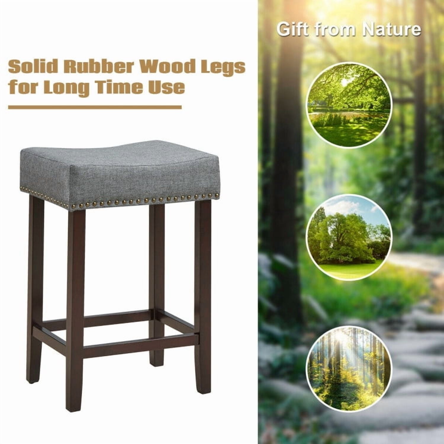 Demi Bonn Set of 2 Nailhead Saddle Bar Stools, 24" Heightdoor Modern Dining Chair, Gray