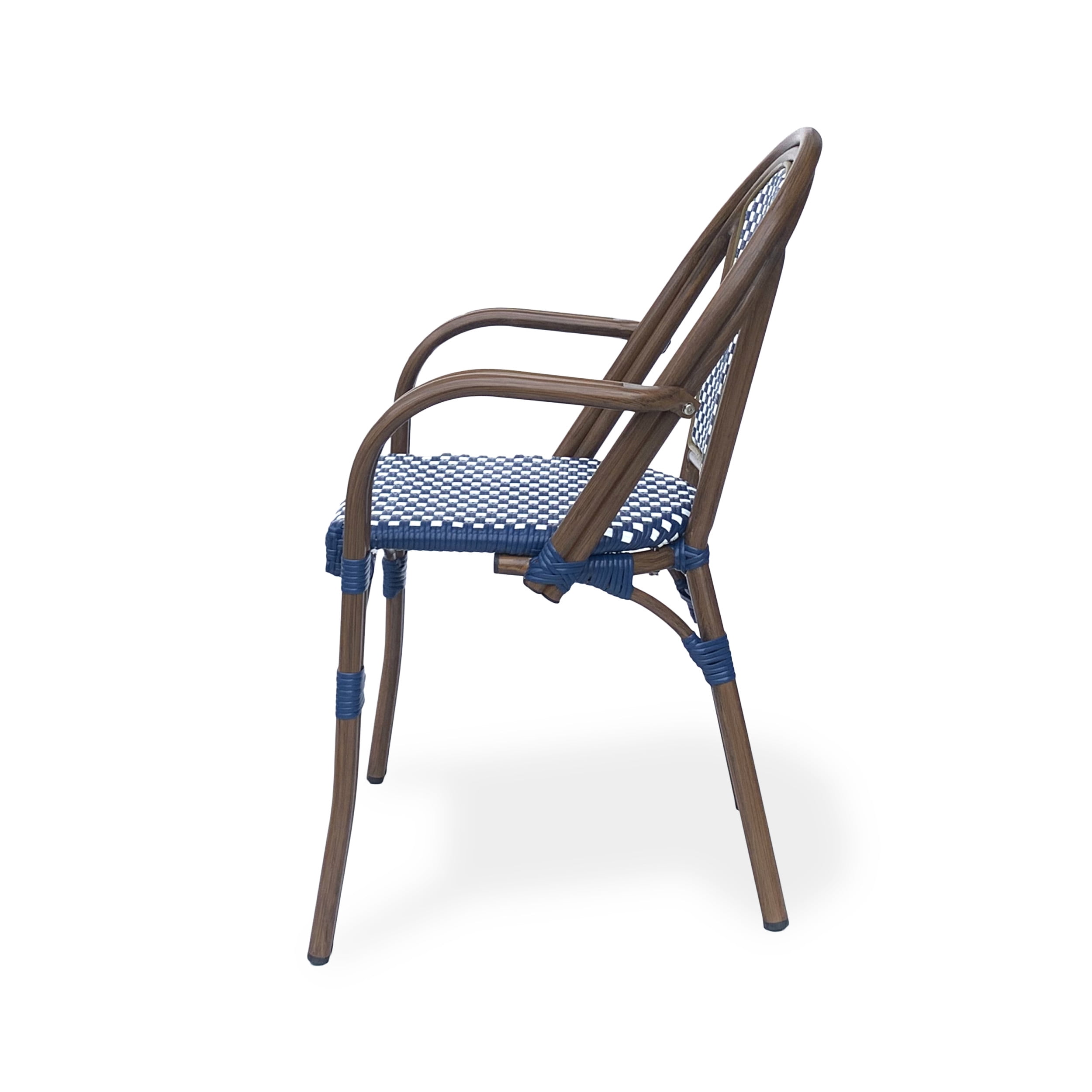 Cecil Aluminum and Wicker Outdoor French Bistro Chairs, Set of 4, Navy Blue, White, and Brown Wood