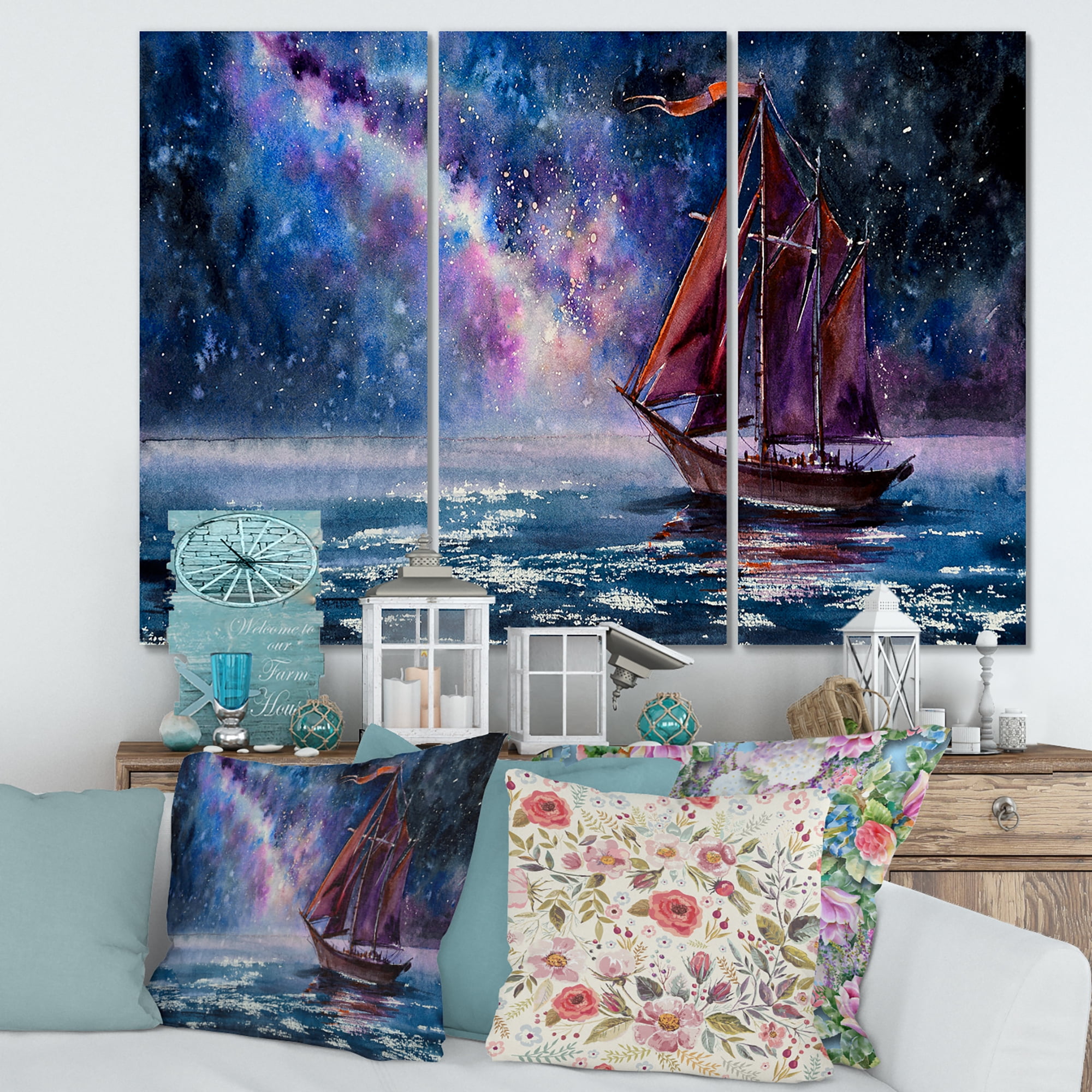 Designart ' Red Sails & Bright Night Sky With Wooden Sailboat ' Nautical & Coastal Canvas Wall Art Print