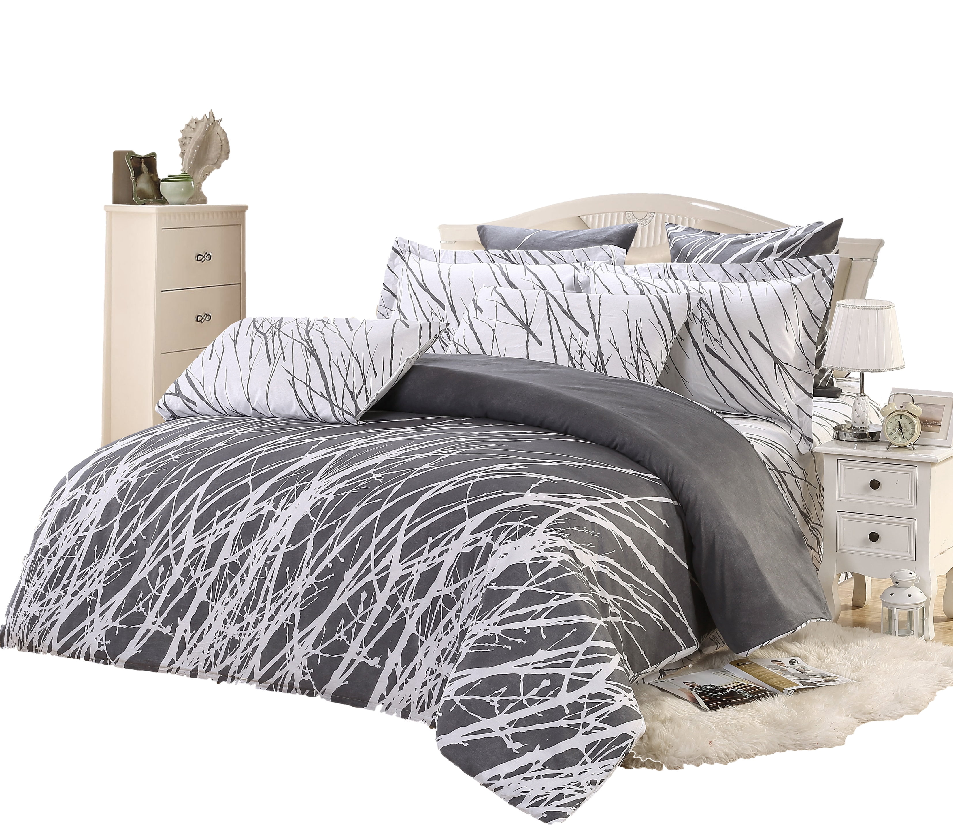 Swanson Beddings Tree Branches Reversible 3-Piece Cotton Bedding Set: Duvet Cover and Two Pillow Shams Gray King Size (No Comforter Included)
