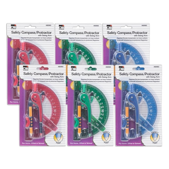 Charles Leonard Safety Compass & 6" Swing Arm Protractor, Assorted Colors, 6 Sets