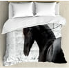 Equestrian Decor King Size Duvet Cover Set, Black Friesian Sport Horse Portrait on Snowy Winter Background Novelty Picture, Decorative 3 Piece Bedding Set with 2 Pillow Shams, White, by Ambesonne