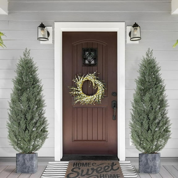 Homhougo 5 FT Artificial Topiary Cedar Trees, 2 PCS Artificial Plants Outdoor with Realistic Moss & Pot, UV Rated Fake Plants for Front Porch Decor, Living Room