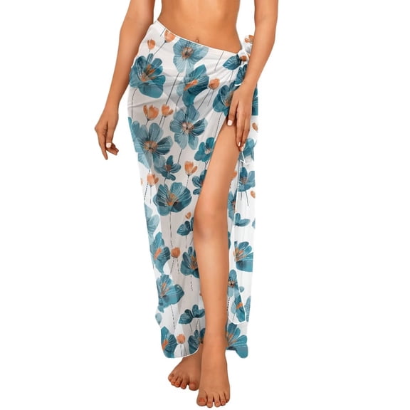Yuyamidu Blue Flower Sarong Swimsuit Coverup for Women Chiffon Wraps Beach Cover Up Breathable Beach Coverups Skirt Semi-Sheer Swimwear Bikini Wrap