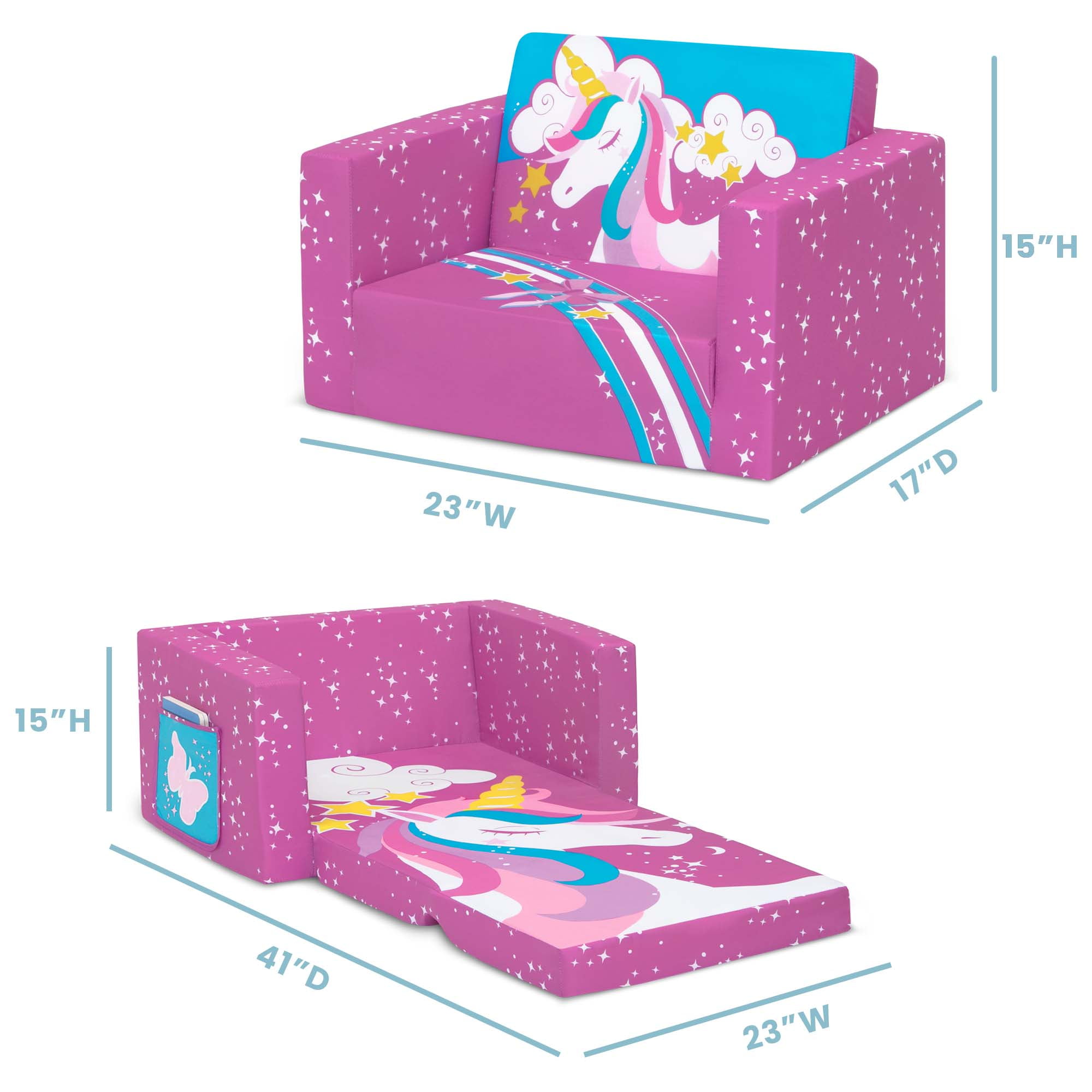 Delta Children Unicorn 2-in-1 Cozy Convertible Flip-Out Foam Chair, Toddler, Pink