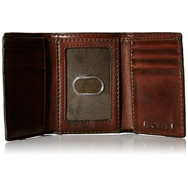Levis Mens Trifold Wallet Sleek and Slim Includes Id Window and credit card Holder Brown Stitch One Size
