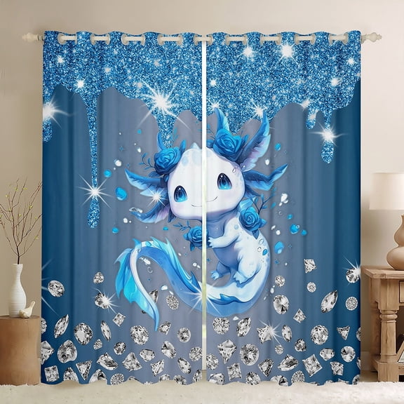 Erosebridal Kawaii Axolotl Curtains and Drapes (38x45), Blue Rose 30%-50% Blackout Curtains for Bedroom, Sequin Print Curtains for Living Room, Window Curtains Bedroom Decorative