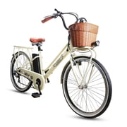 NAKTO Classic 2 Electric Bike for Female, 26 Step-Thru Cruiser Ebike with 500W Motor, 48V 10Ah Removable Battery, 6-Speed Gear, Front Basket & Rear Rack, Cream