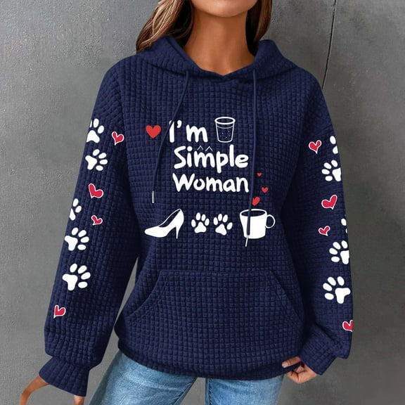 FAVIPT Womens Hoodie Love Heart Waffle Print Womens Knit Hoodies for Women 2024 Fall Long Sleeve Drawstring Hoodie Pocket Pullover Top Loose Sweatshirt Blue,XXL