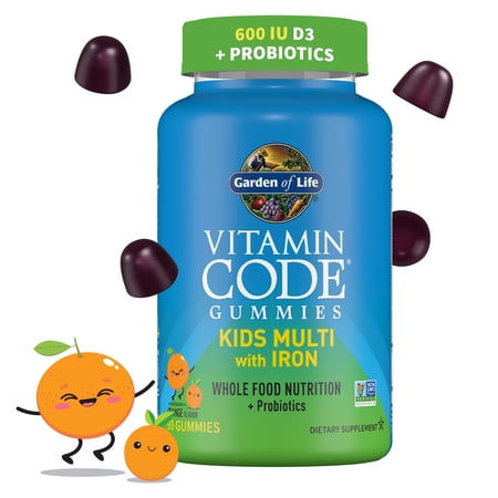 Garden of Life Kids Multivitamin Gummy with Iron+Probiotics for Immune Health & Digestion:Vitamins D  C  E  B  Zinc for Energy&Development Vitamin Code Non-GMO Gluten-Free  Orange 30 Day Supply