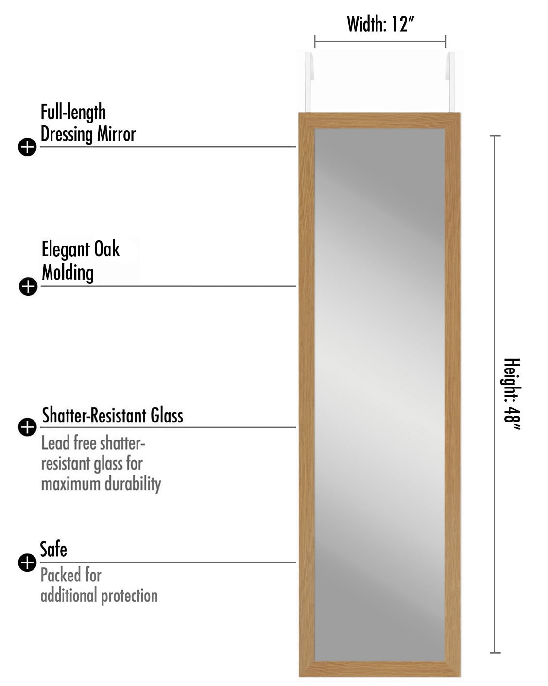 Americanflat Over The Door Mirror - Full Length Mirror with Hanging Brackets - Door Mirror for Bedroom, Bathroom, Dorm, Long Full Body Mirror with Hanger and Shatter-Resistant Glass - Oak