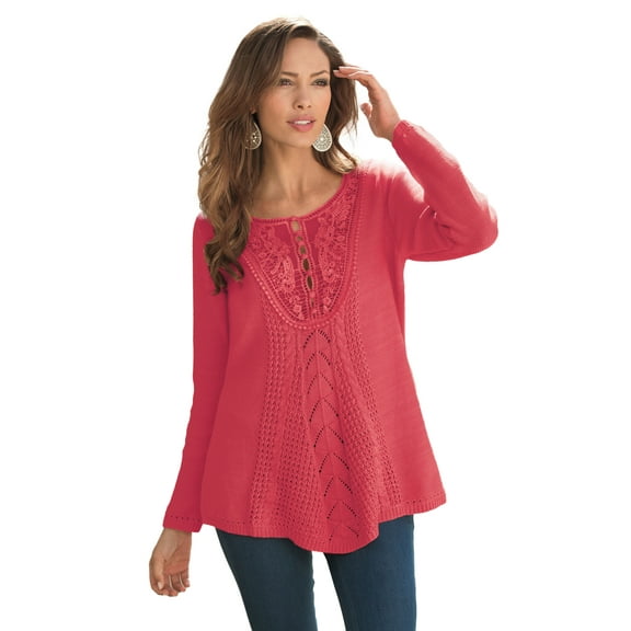 Roaman's Women's Plus Size Lace Yoke Pullover Sweater