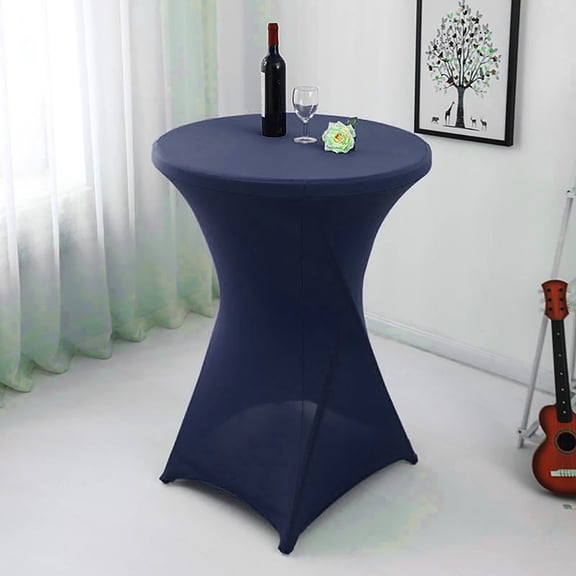 Clearance Dark Blue Spandex Round Cocktail Table Cover - Stretch Fitted Tablecloth for Weddings, Banquets, and Parties (60x110cm)