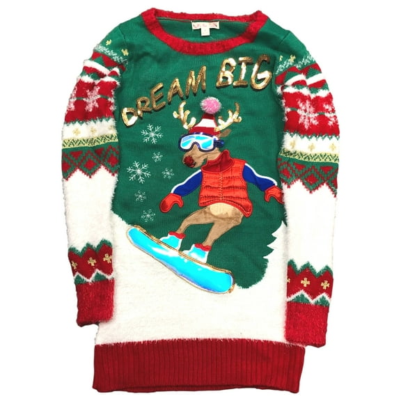 Junior Womens Green Sequin Dream Big Reindeer Christmas Tunic Sweater X-Small