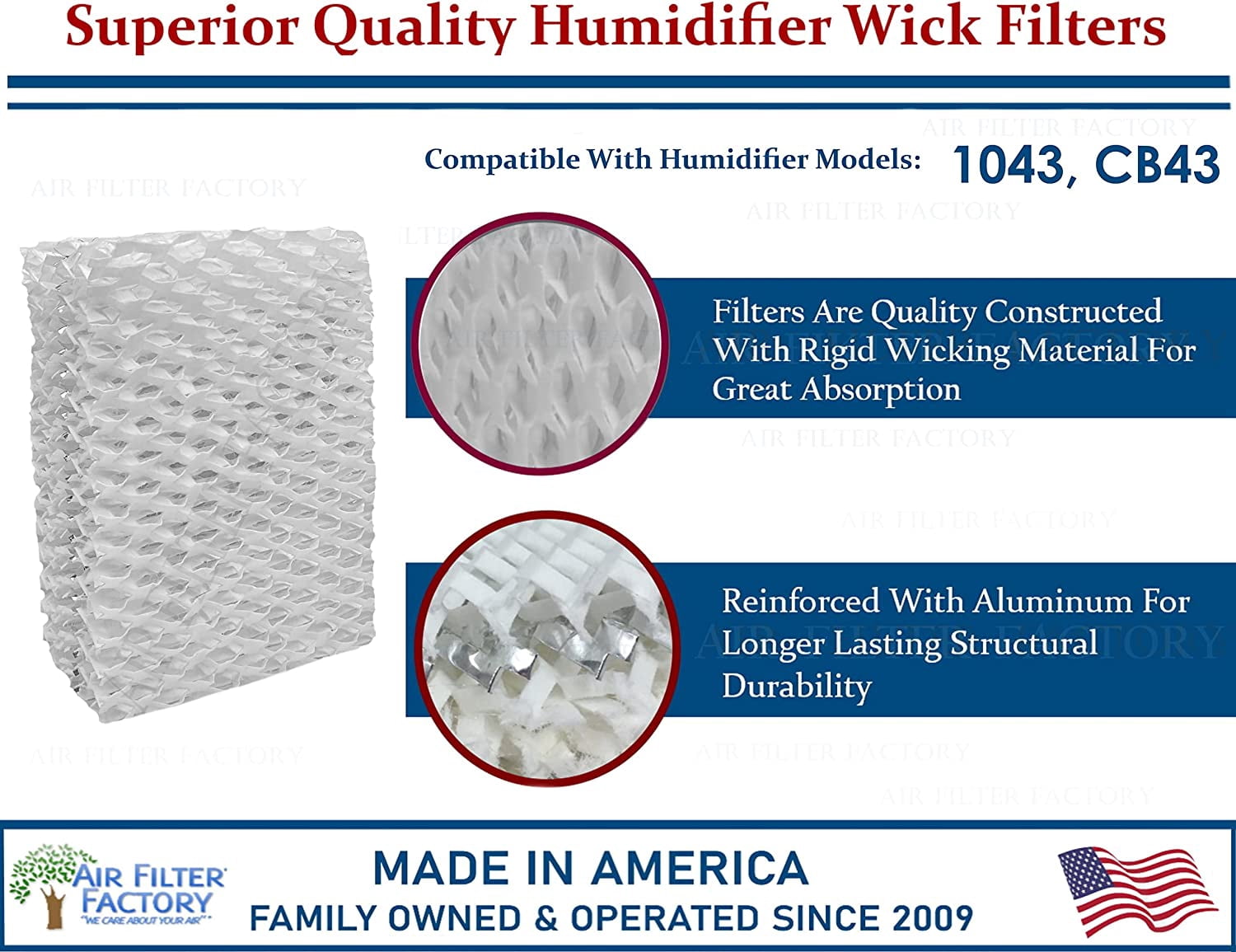 Air Filter Factory Replacement for 1043, CB43 Aircare, Essick, Bemis Humidifier Wick Filters 2 Pack