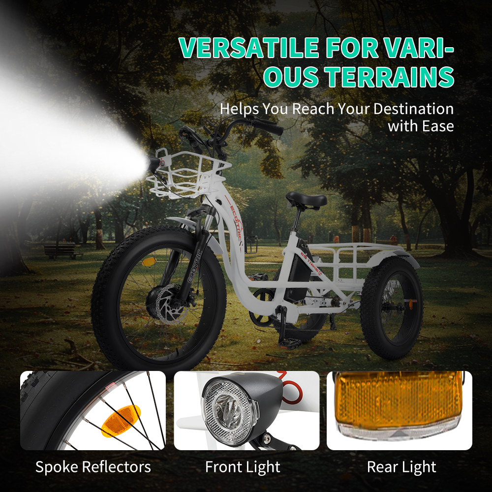 ECOTRIC 22.4AH Electric Tricycle Fat Tire for Adults with Basket, 750W 48V Battery, 3 Wheel Step-Thru E-trike White