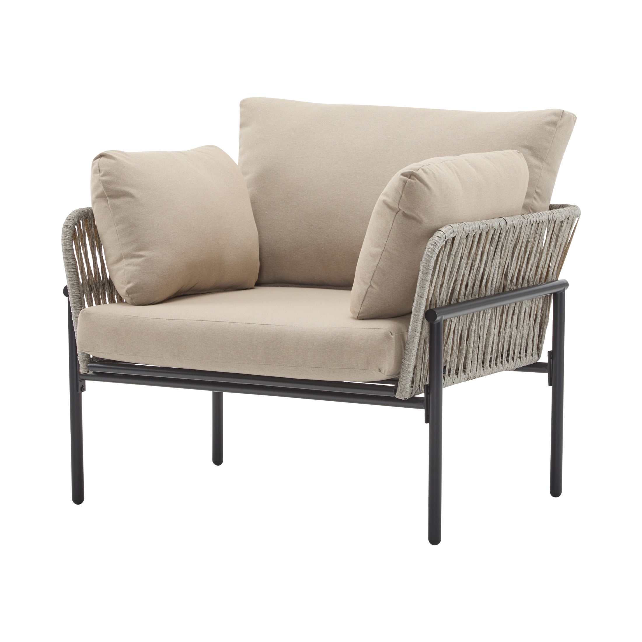 Ryder Modern Outdoor Patio Lounge Chair with Cushions, Rope Accents, Iron Frame, Grey+Beige