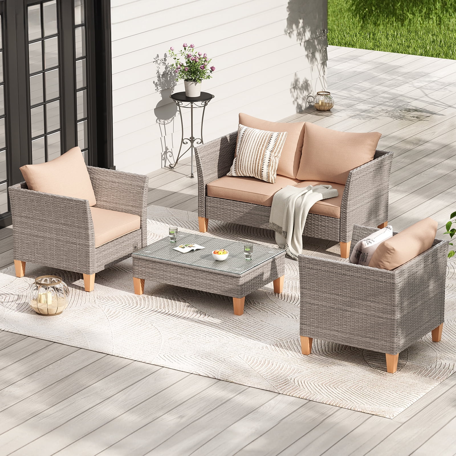 STARY Outdoor Wicker conversation sets, 4 Pieces Patio Furniture Sofa Set with Coffee Table, All Weather for Garden, Backyard, Balcony