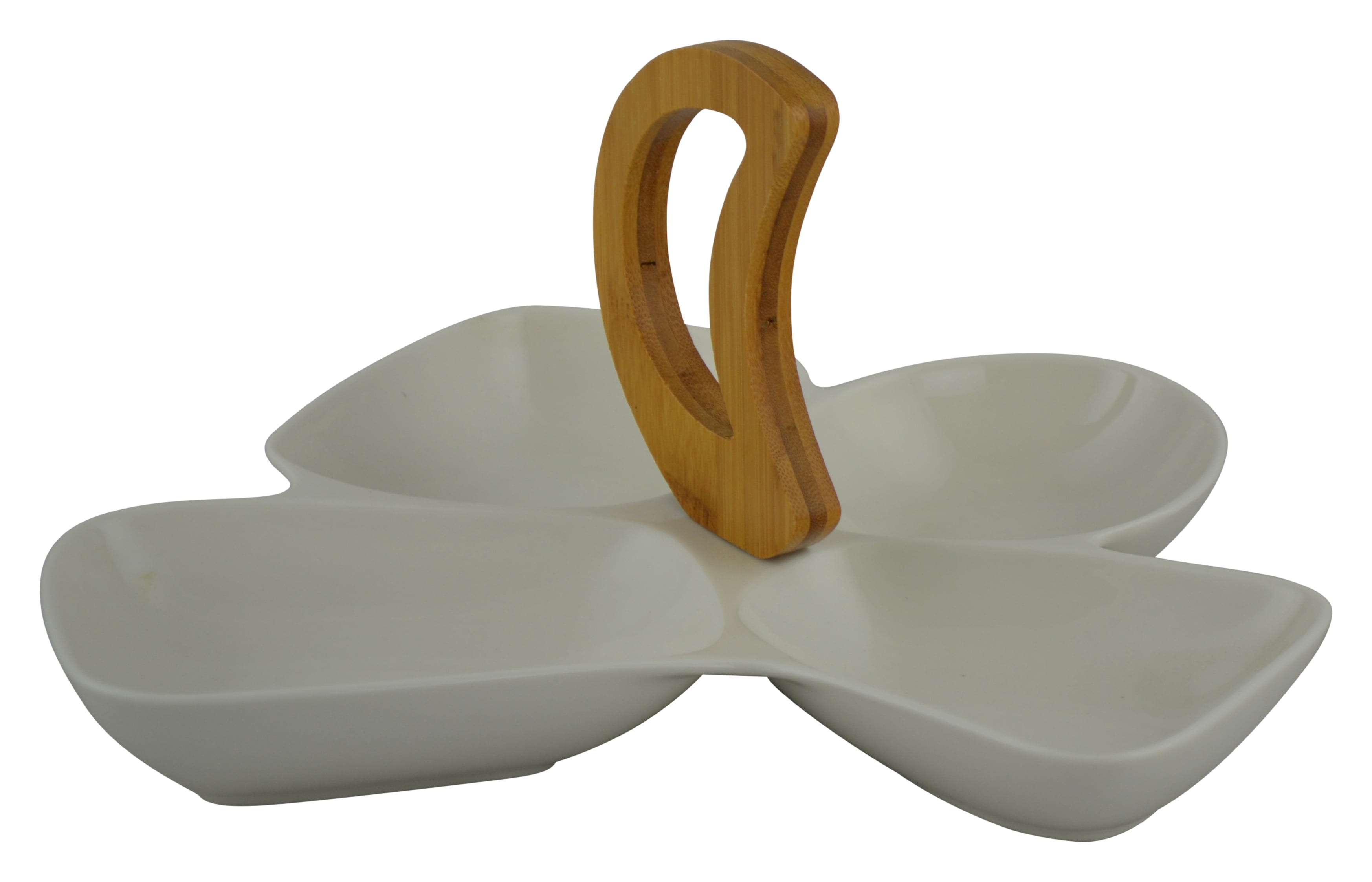 4 Section Ceramic Serving Bowl with Bamboo Handle