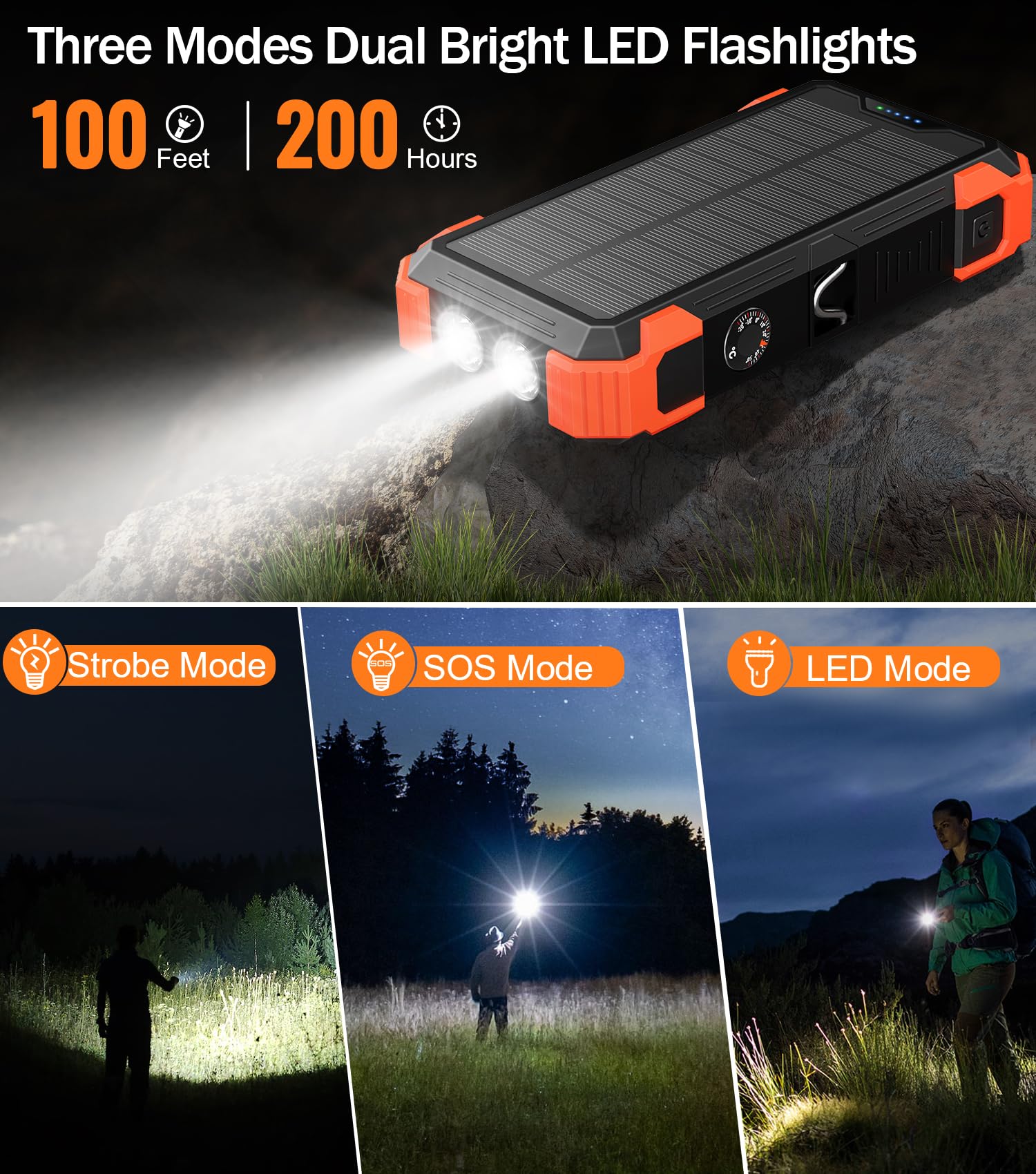 42800mAh Solar Power Bank with Built-in Cables, Solar Charging, Flashlight, and 15W Fast Charging
