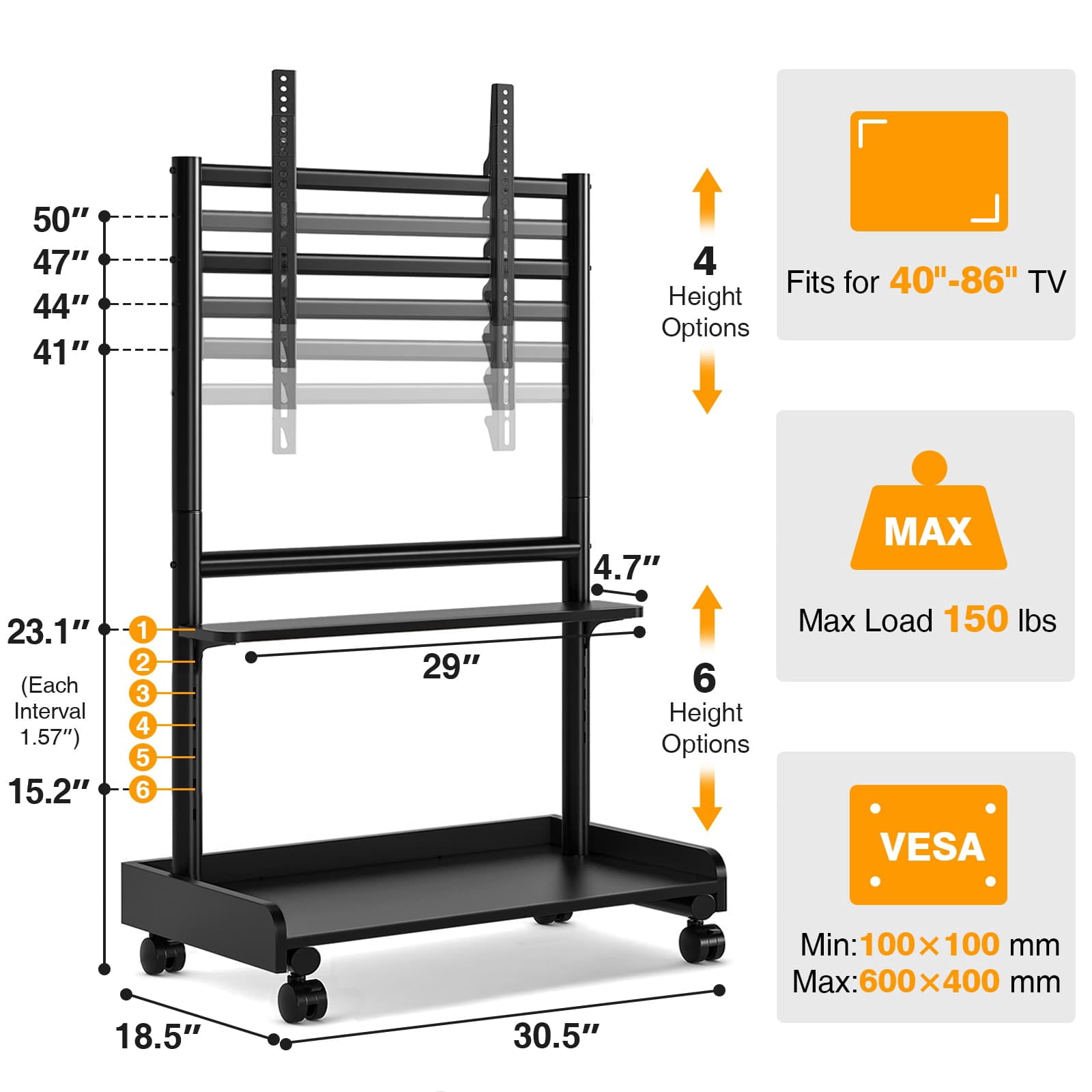 TAVR Furniture Mobile Rolling TV Stand with Wooden Storage Shelf for 40-86 inch TVs, Height Adjustable